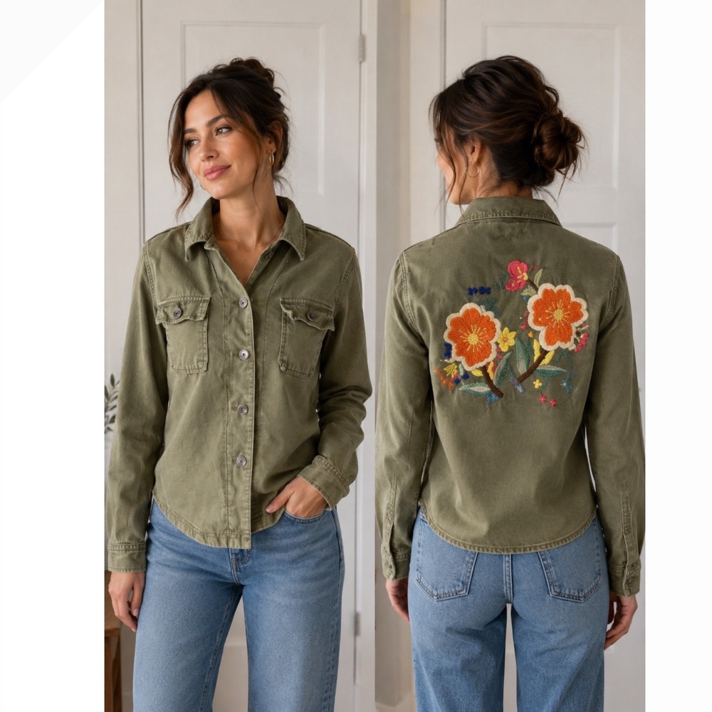Lucky Brand Embroidered Utility Jacket Women Small Olive Green Floral Army‎